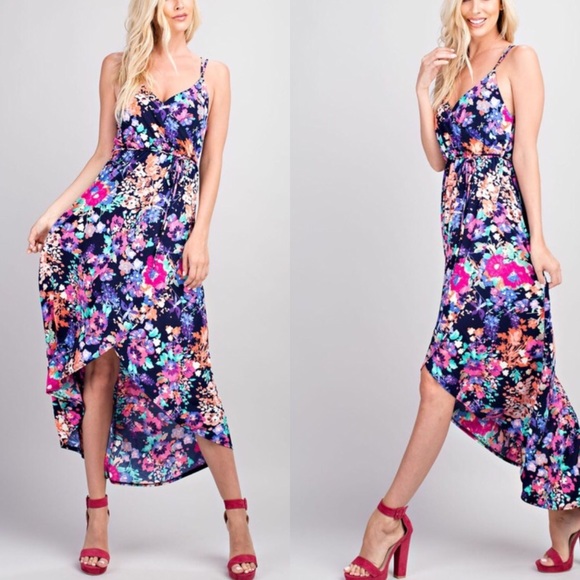 2 LEFT! Navy & Purple floral Wrap Maxi Dress - Picture 2 of 3